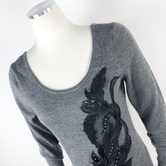 Anthropologie Torie Lace Beads Grey Wool Sweater S - Picture 6 of 8